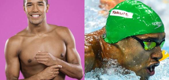 Michael Gunning smiling topless / close up swimming in a green cap