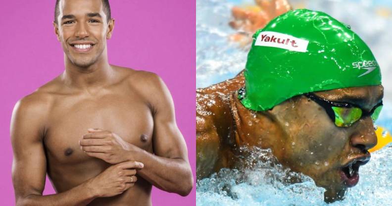 Michael Gunning smiling topless / close up swimming in a green cap