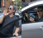 Startling footage showed Dustin Gold hurl racist slurs in New York City. (Screen captures via Twitter)