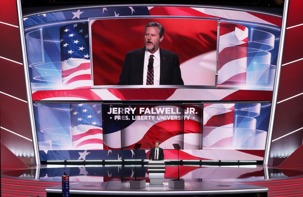 President of Liberty University, Jerry Falwell Jr, delivers a speech during the evening session on the fourth day of the Republican National Convention in 2016