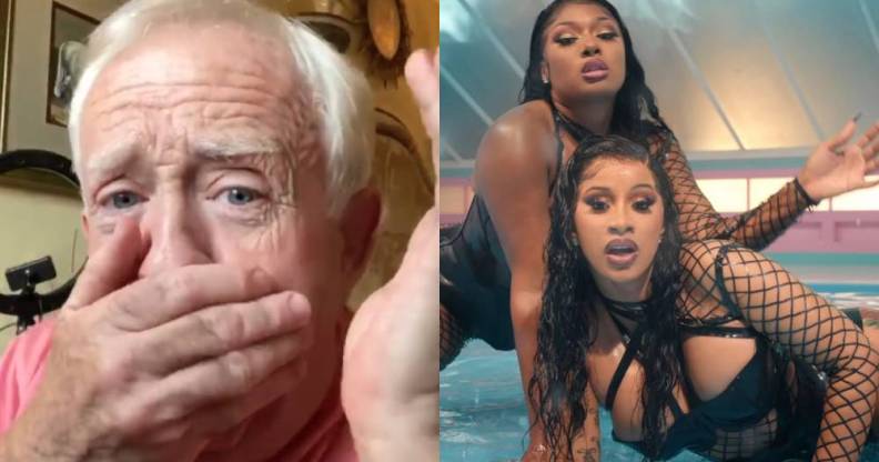 Leslie Jordan with his hand over his mouth / Cardi B and Megan Thee Stallion dripping with water