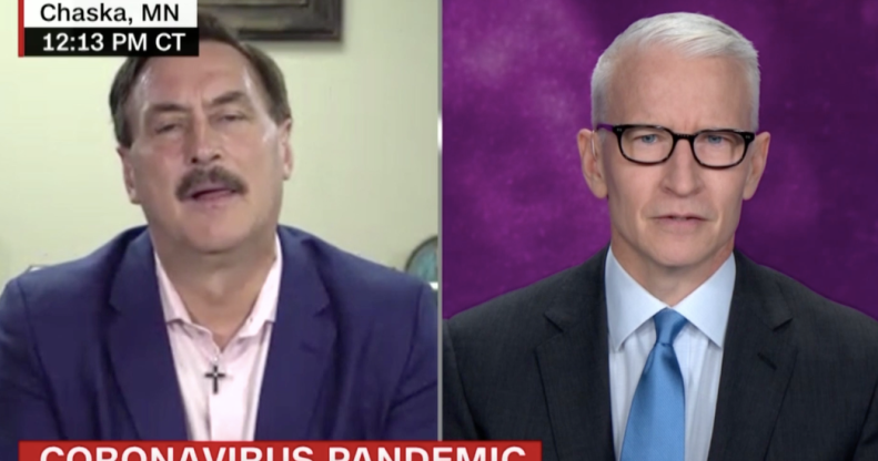 Anderson Cooper (R) tore into Mike Lindell for peddling an unproven cure to the coronavirus. (Screen capture via Twitter/CNN)