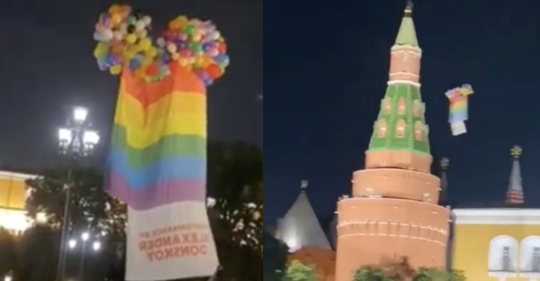 Gay artist uses helium balloons to fly a rainbow flag over Moscow