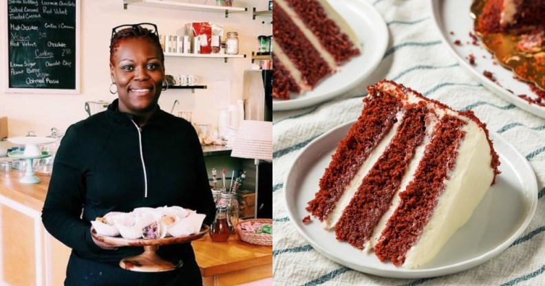 April Anderson was stunned to see a customer had requested a homophobic message on a red velvet cake.(Facebook/Stock photograph via Elements Envato)