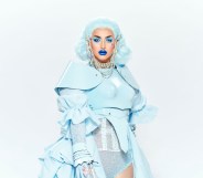 Ilona Verley wearing pastel blue from wig to toe