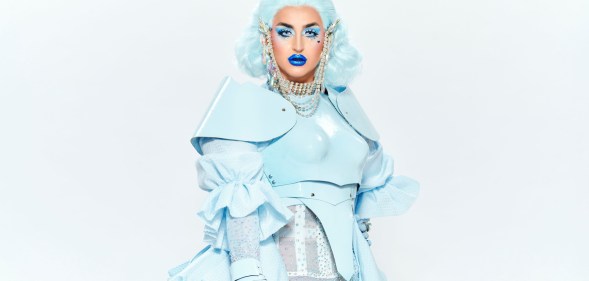 Ilona Verley wearing pastel blue from wig to toe