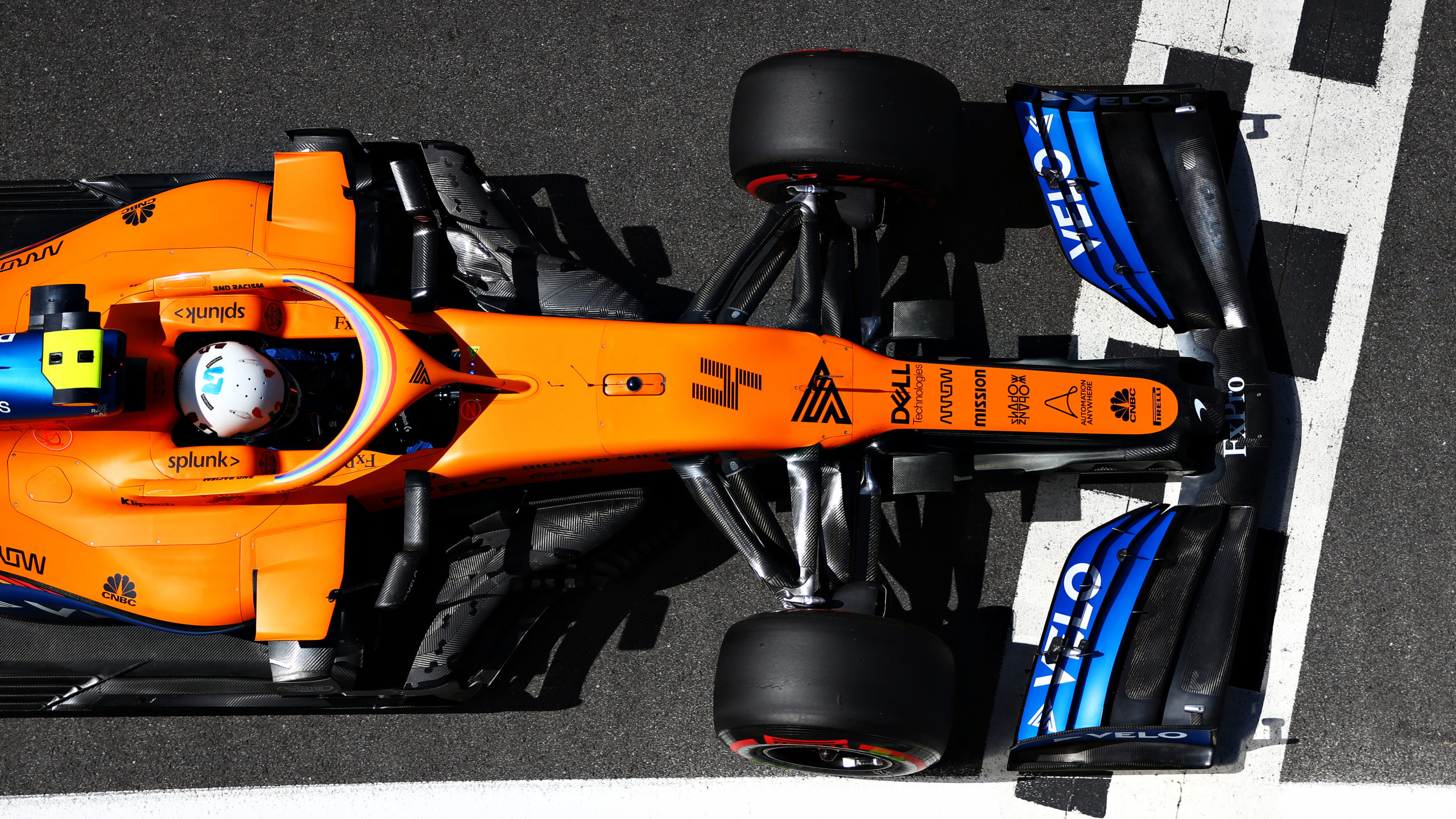 Lando Norris of Great Britain driving the McLaren F1 Team MCL35 Renault during qualifying for the F1 Grand Prix of Great Britain at Silverstone on August 1