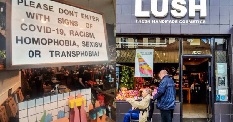 Lush shop front / sign reading: Please do not enter our store with signs of Covid-19, Racism, homophobia, sexism or transphobia