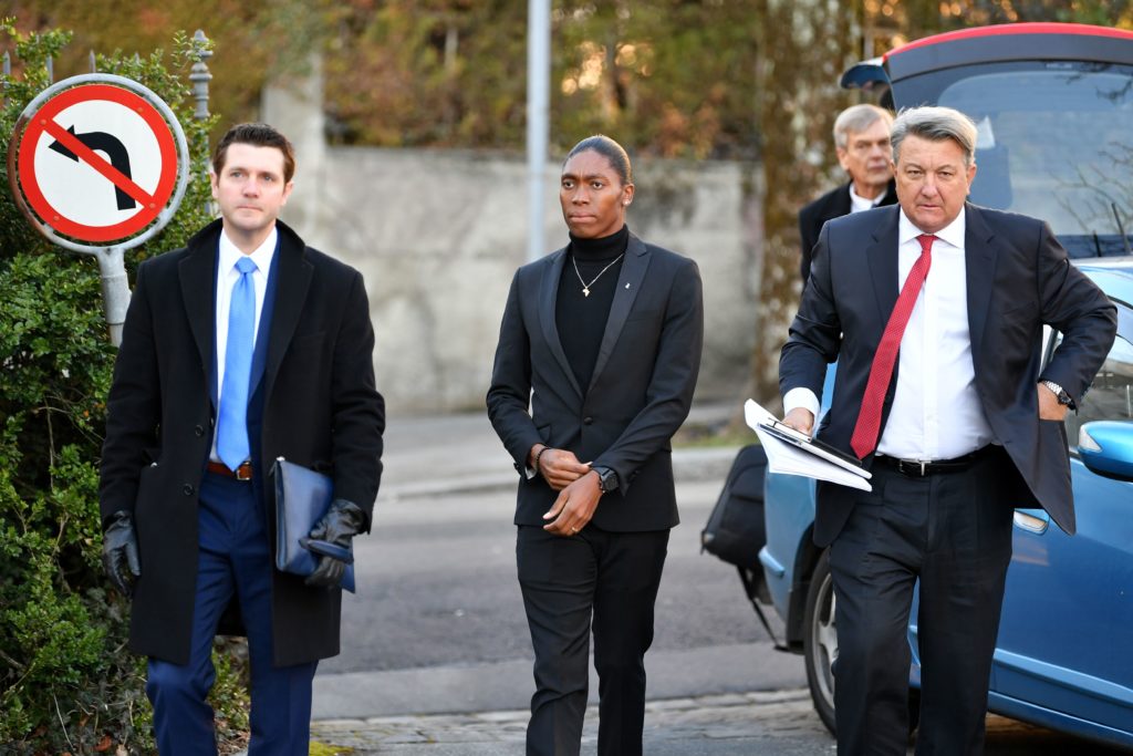 Caster Semenya (C) and her lawyer arrive for a landmark hearing at the Court of Arbitration for Sport. (HAROLD CUNNINGHAM/AFP via Getty Images)