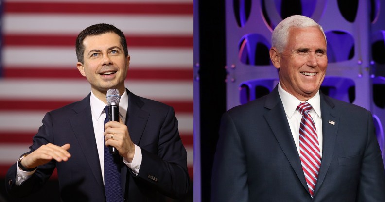 Democratic presidential candidate former South Bend, Indiana Mayor Pete Buttigieg, is role-playing as Mike Pence