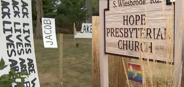 Hope Presbyterian Church leaders and members were shocked to see the signs had been vandalised within hours of being installed. (Screen captures via NBC Chicago)