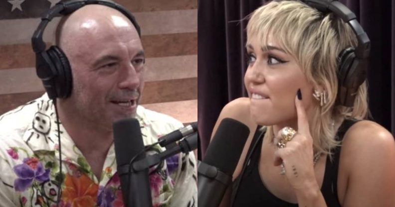 Miley Cyrus (R) had the perfect clapback to Joe Rogan's heterosexual nonsense. (Screen captures via Twitter)