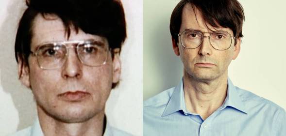 Dennis Nilsen and David Tennant side by side, wearing identical blue shirts and glasses