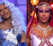 Shea Couleé and Priyanka in their respective Drag Race finales. Shea is wearing a blue sequinned gown and blue hair, Priyanka is in a red and white lehenga