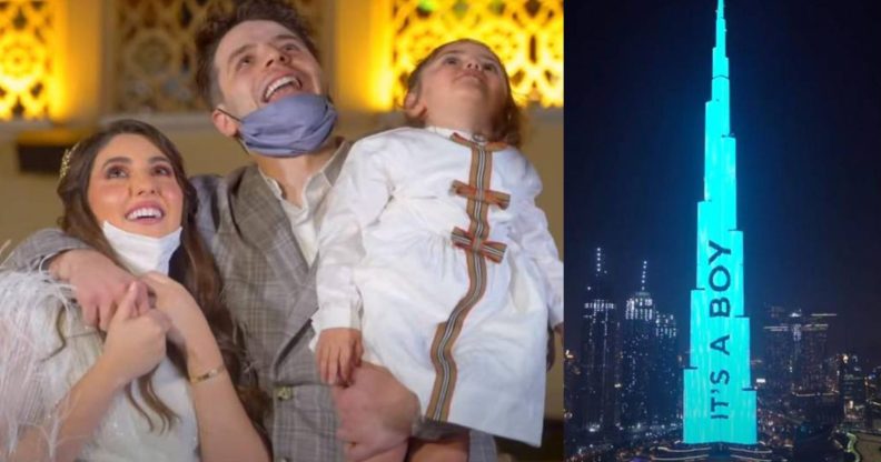 Anas and Asala Marwah staged an elaborate gender reveal party in Dubai, splashing the gender of their unborn baby onto the Burj Khalifa. (Screen captures via YouTube)