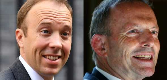 Britain's health secretary Matt Hancock (L), fresh from defending marriage equality opponent Tony Abbott, gave himself a pat on the back for voting for same-sex marriage. (Getty)