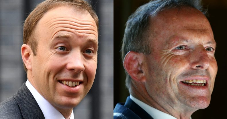 Britain's health secretary Matt Hancock (L), fresh from defending marriage equality opponent Tony Abbott, gave himself a pat on the back for voting for same-sex marriage. (Getty)