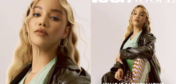 Munroe Bergdorf on the cover of Teen Vogue wearing a black leather trench