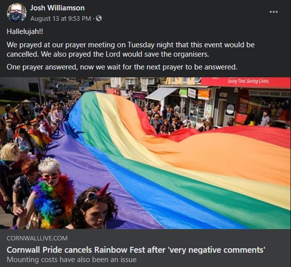 Pastor Joshua Williamson of Newquay Baptist Church celebrated the cancellation of Cornwall Pride