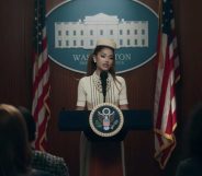 Ariana Grande juggled being US President and home life in the music video for her new song, 'Positions'. (Screen capture via YouTube)