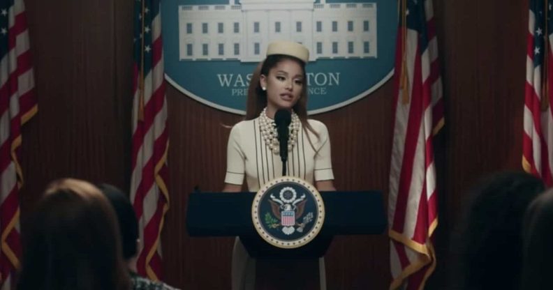 Ariana Grande juggled being US President and home life in the music video for her new song, 'Positions'. (Screen capture via YouTube)