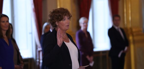 Deputy prime minister Petra De Sutter takes the oath before King Philippe of Belgium on Thursday