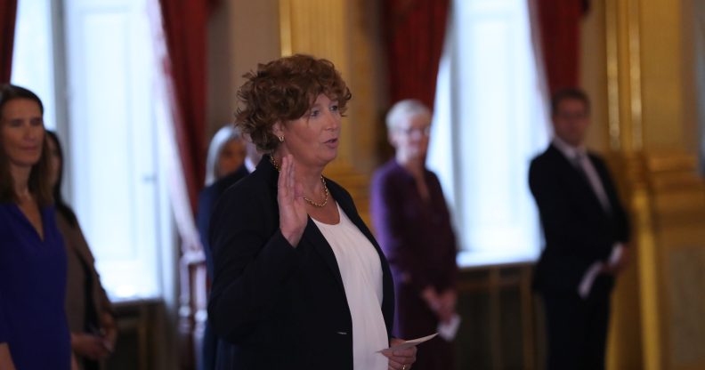 Deputy prime minister Petra De Sutter takes the oath before King Philippe of Belgium on Thursday