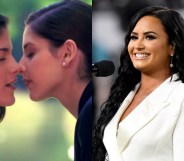 Sarah Michelle Gellar and Selma Blair kissing / Demi Lovato smiling