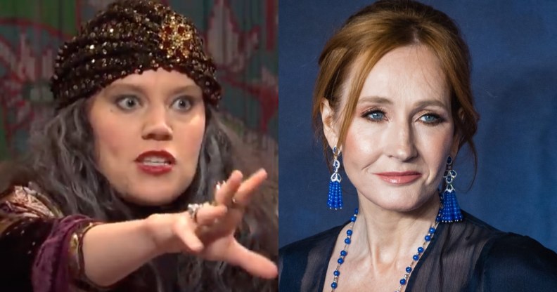 Kate McKinnon dressed as a fortune teller in the year 2019 to make a jab against JK Rowling. (Screen capture via YouTube/Getty)