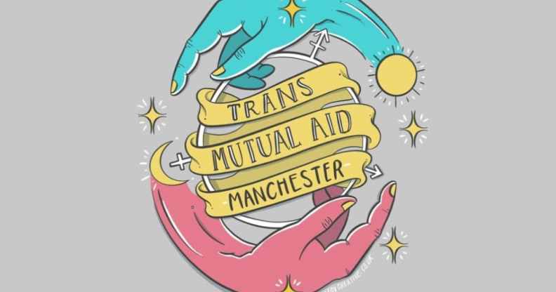 Illustration of two hands forming a circle with the words 'Trans Mutual Aid Manchester' in the middle