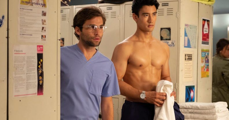 Jake Borelli as Dr Levi Schmitt and Alex Landi as Dr Nico Kim.