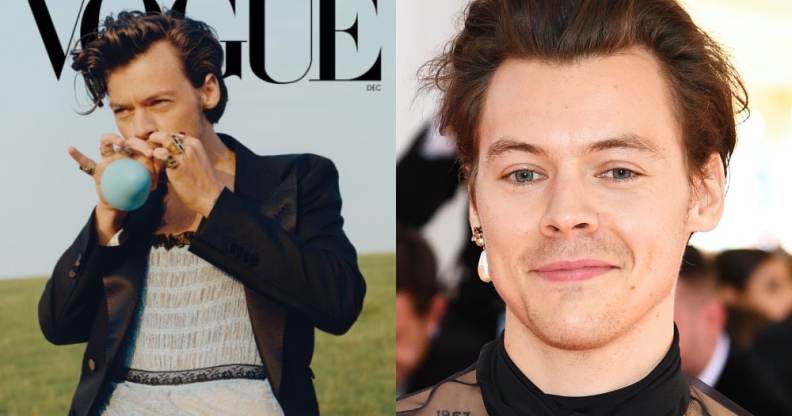 Harry Styles in a tuxedo jacket and ballgown on the cover of Vogue, sucking a balloon