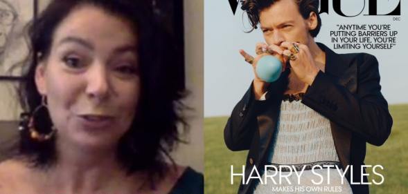 Harry Styles' mother Anne Twist (L) defended her son for wearing a ballgown for America Vogue. (Screen capture via ITV/Vogue)