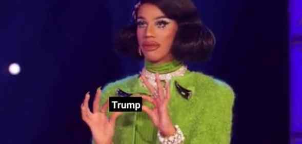 Naomi Smalls holding Manilla Luzon's lipstick on Drag Race, but it says Trump instead