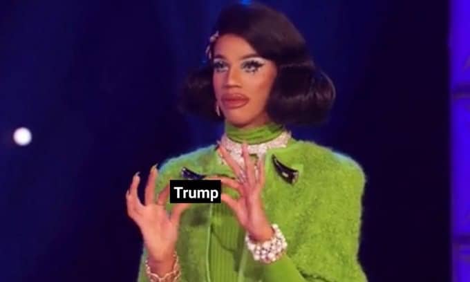 Naomi Smalls holding Manilla Luzon's lipstick on Drag Race, but it says Trump instead