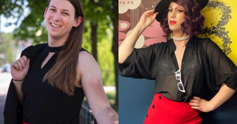 Taylor Small and her drag alter ego, Nikki Champagne.