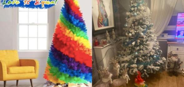 A Facebook advert for a rainbow Christmas tree, and the product in real life compared to a 6ft Christmas tree