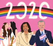 An illustration of Layla Moran, two lesbian brides kissing, Kamala Harris and Joe Biden, and Elliot Page, with a rainbow above their heads and the letters 2020