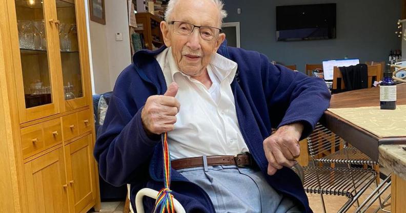 Captain Tom Moore poses with rainbow laces to champion LGBT+ inclusion in sport