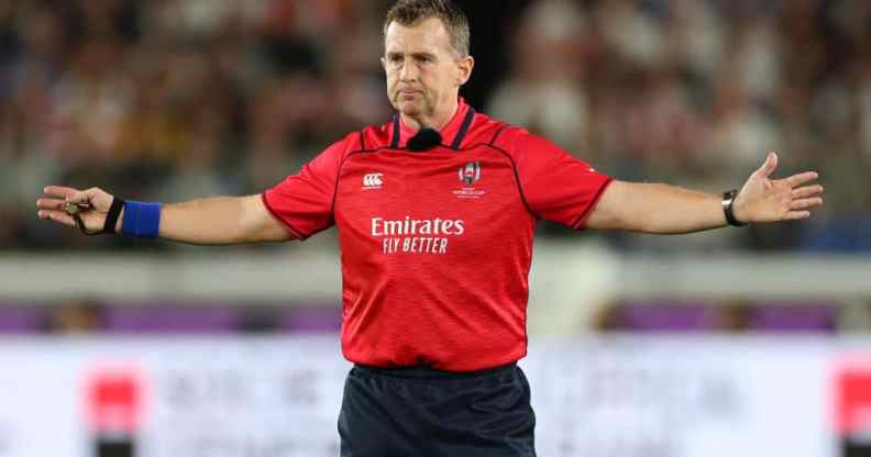 Nigels Owens refereeing a rugby match