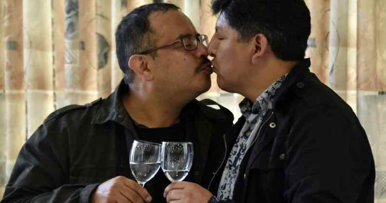 David Aruquipa kisses Guido Montano after Bolivia recognised their same-sex civil union