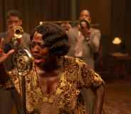 Chadwick Boseman as Levee, Viola Davis as Ma Rainey and Colman Domingo as Cutler in a recording studio