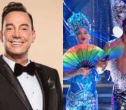 Two images: Craig Revel Horwood smiling in a tuxedo, Strictly pros Johannes and Gorka in sequinned jumpsuits and matching headpieces