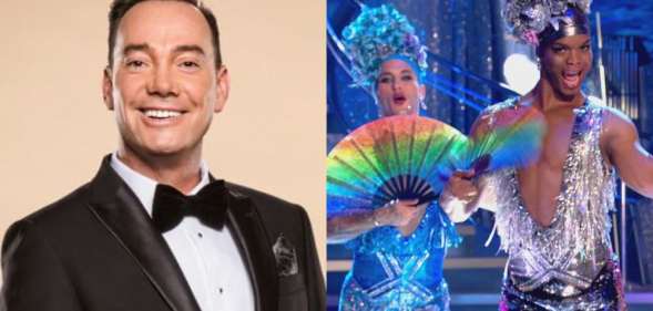 Two images: Craig Revel Horwood smiling in a tuxedo, Strictly pros Johannes and Gorka in sequinned jumpsuits and matching headpieces