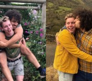 (L) Devin Ibañez hugs his boyfriend Fergus Wade from behind, (R) Ibañez kissed Wade on the cheek