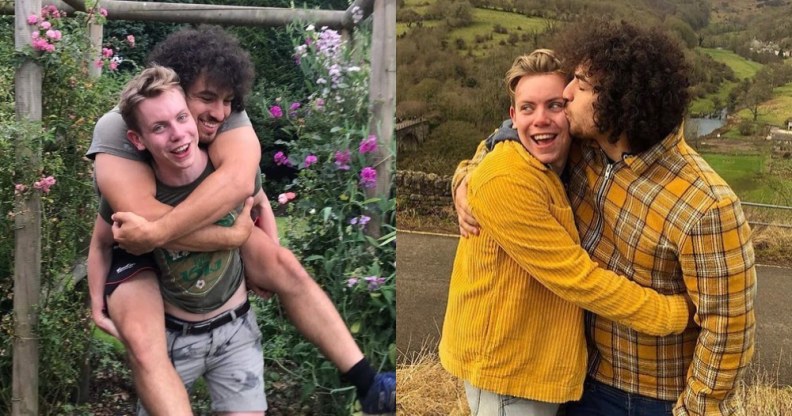 (L) Devin Ibañez hugs his boyfriend Fergus Wade from behind, (R) Ibañez kissed Wade on the cheek