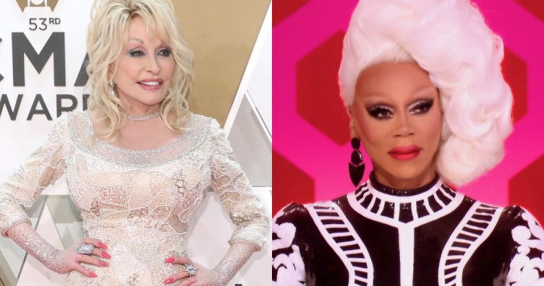 Two images: Dolly Parton on a red carpet in a long-sleeved white gown, RuPaul on the net of Drag Race looking bemused.