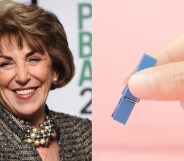 Edwina Currie and fingers holding a clothes peg