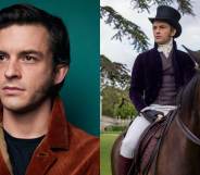 Jonathan Bailey smouldering in a rust-coloured jacket against a green backdrop / Jonathan on a horse in period gear in Bridgerton