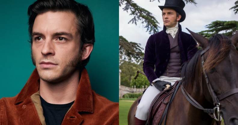 Jonathan Bailey smouldering in a rust-coloured jacket against a green backdrop / Jonathan on a horse in period gear in Bridgerton